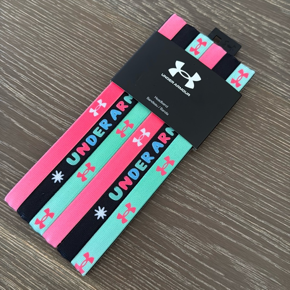NWT! UNDER ARMOUR girls set of 6 soft elastic headbands. Black green pink.